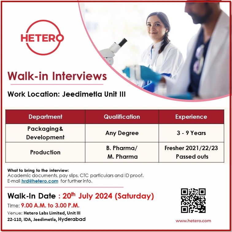 Hetero Walk-in On 20th July 2024 Freshers & experience TodayPassion