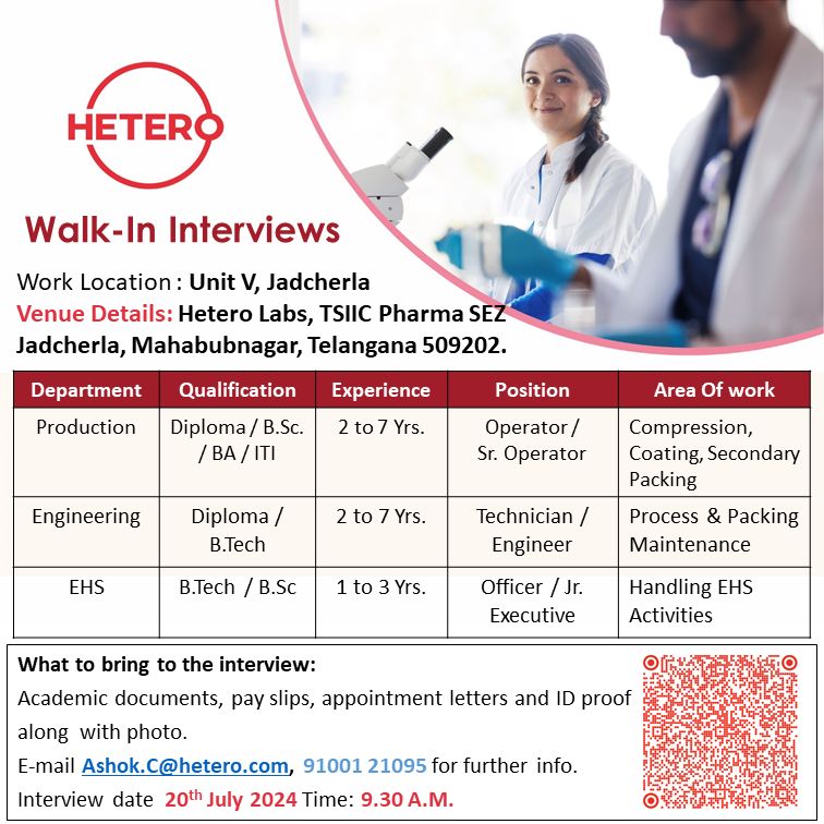 Hetero Walk-in On 20th July 2024 Freshers & experience TodayPassion